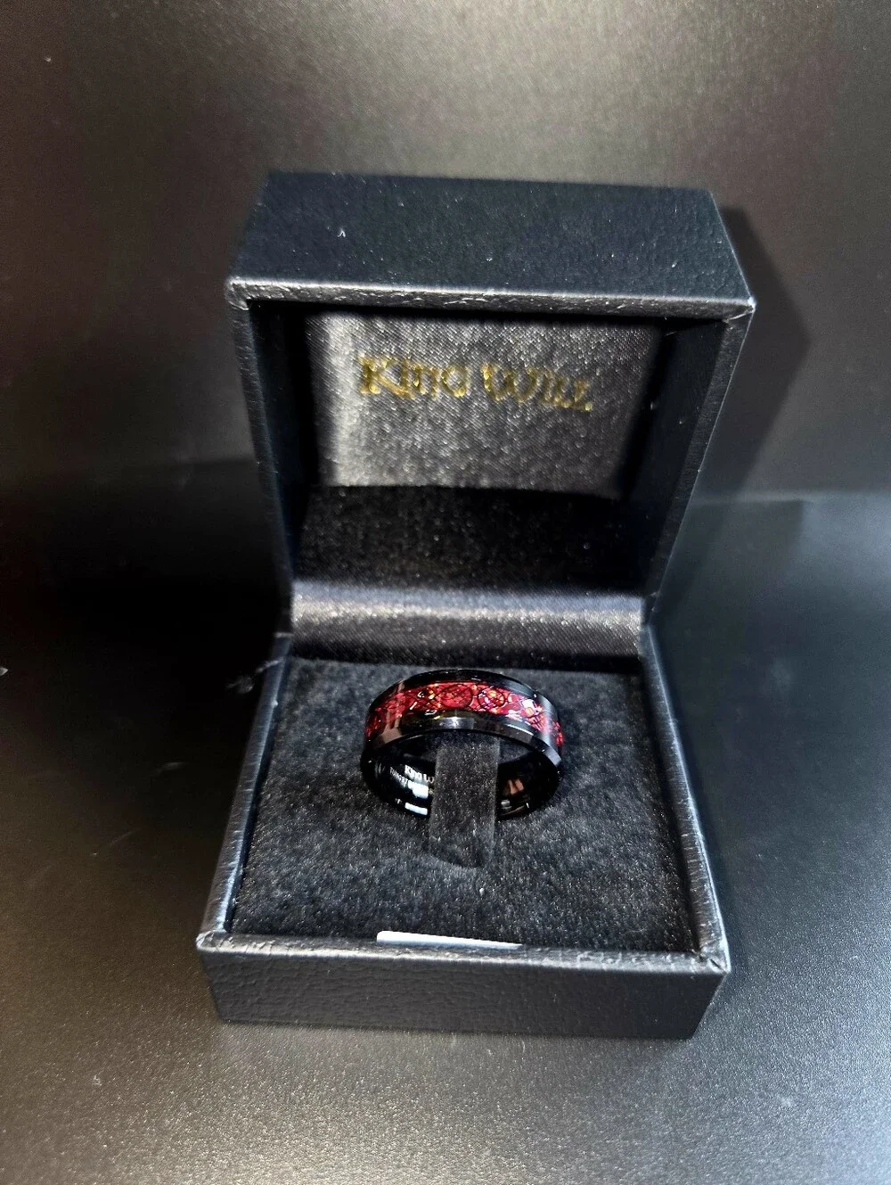 King Will Black Tungsten Carbide Ring Red Crushed Opal Inlay Size 10.5